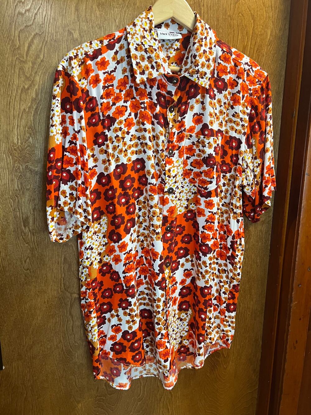 Her Pony The Label Mens Orange Print Festival Button Up XXL